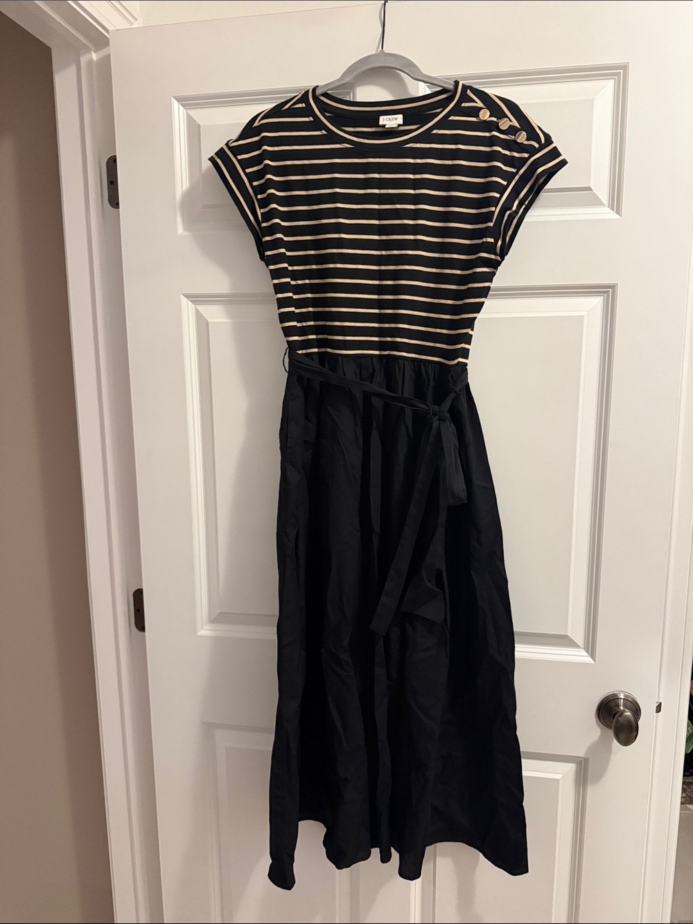 J. Crew Black and Cream Striped Maxi Dress with Tie Waist